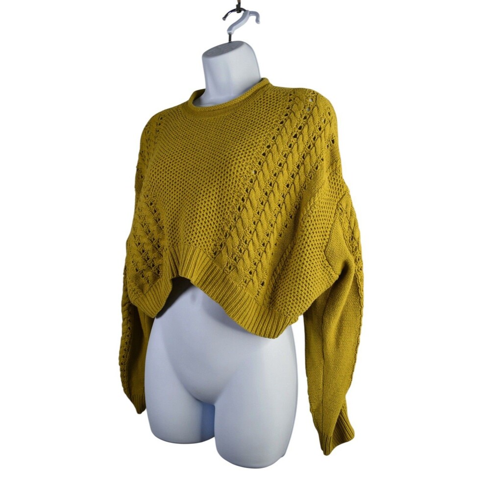 BDG Urban Outfitters Sweater Size S Mustard Yellow Cropped Cable Knit Boho - Picture 3 of 8